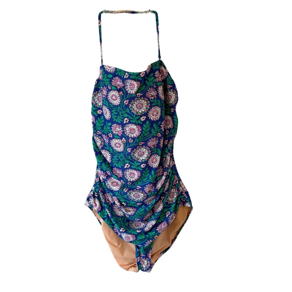J Crew Women’s Green Floral Strapless One-Piece Swimsuit with Pink Accents Sz XL